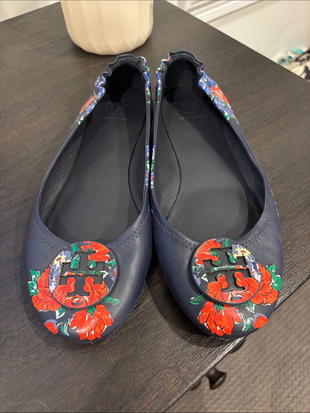 Tory Burch Navy Floral Logo Ballet Flats